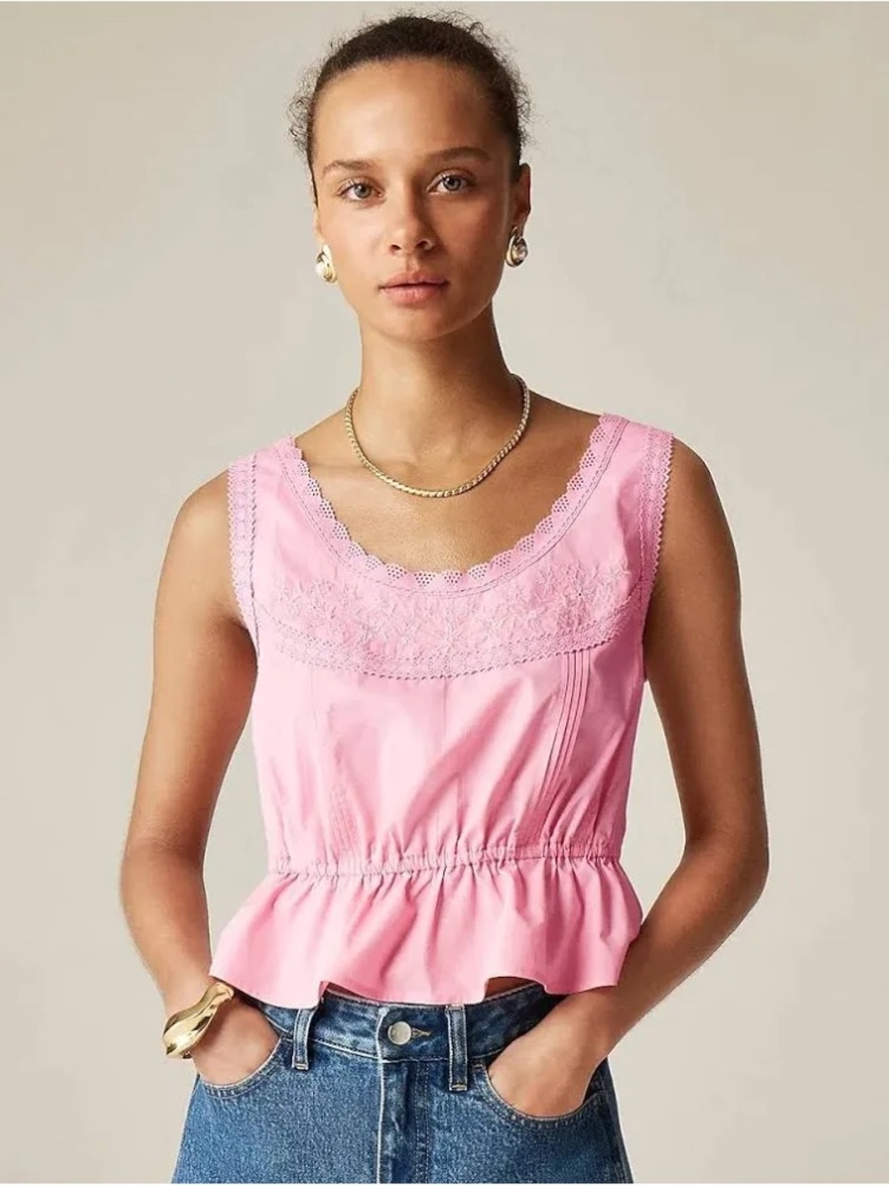 J. Crew Pink Flutter Hem Tank in Poplin